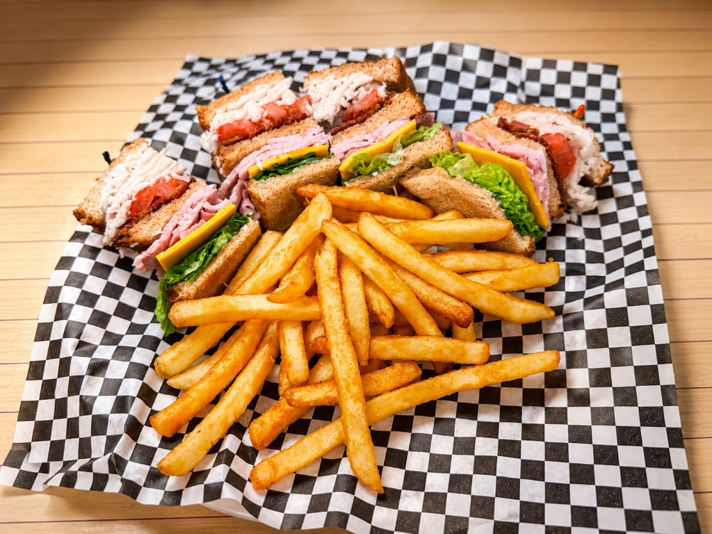 Club sandwich and fries from the Mesa East Bowl snack bar